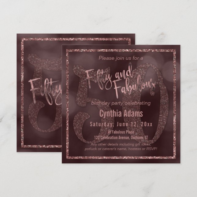 Ro Guld Glitter & Bokeh 50 & Fabulous Typography Inbjudningar (Fram/baksida)