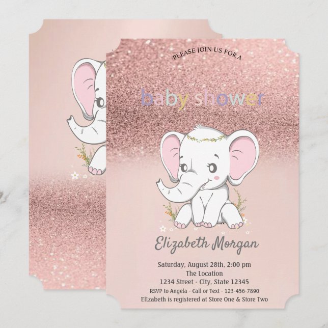 Ro Guld Glitter Bokeh,Baby Elephant Baby Shower Inbjudningar (Fram/baksida)