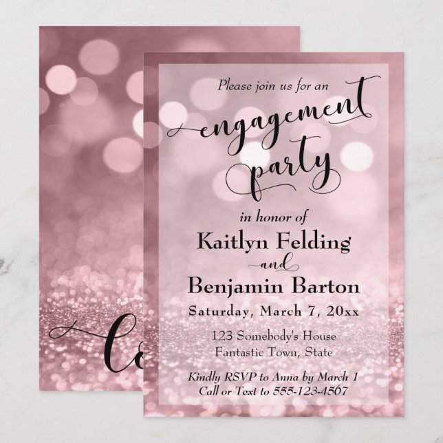 Ro Guld Glitter Bokeh Förlovningsfest Inbjudningar (Fram/baksida)