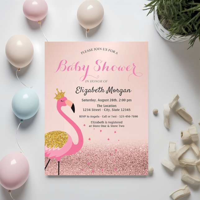 Ro Guld Glitter bokeh,Rosa Flamingo Baby Shower Inbjudningar (Skapare uppladdad)