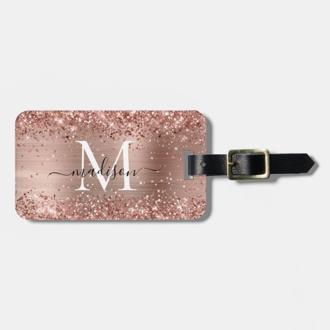 Ro Guld Glitter Brushed Metall Monogram-skript Bagagebricka (Horisontell Framsida)