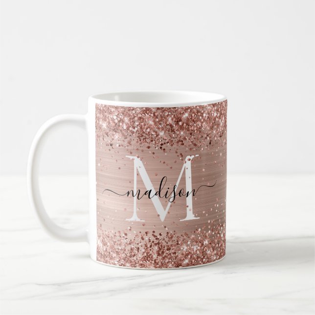 Ro Guld Glitter Brushed Metall Monogram-skript Kaffemugg (Vänster)