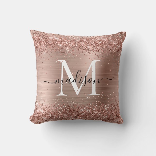 Ro Guld Glitter Brushed Metall Monogram-skript Kudde (Framsida)