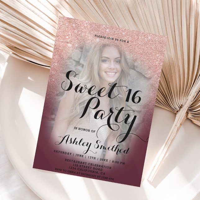 Ro guld glitter, burgundfotot av burguny 16 inbjudningar (Skapare uppladdad)