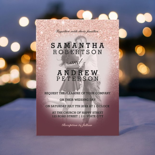 Ro guld glitter-burgundy ombre-foto bröllop inbjudningar (Rose gold glitter burgundy ombre photo wedding invitation)