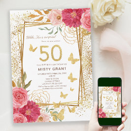 Ro Guld Glitter Butterbar Rosa 50:e födelsedagen Inbjudningar