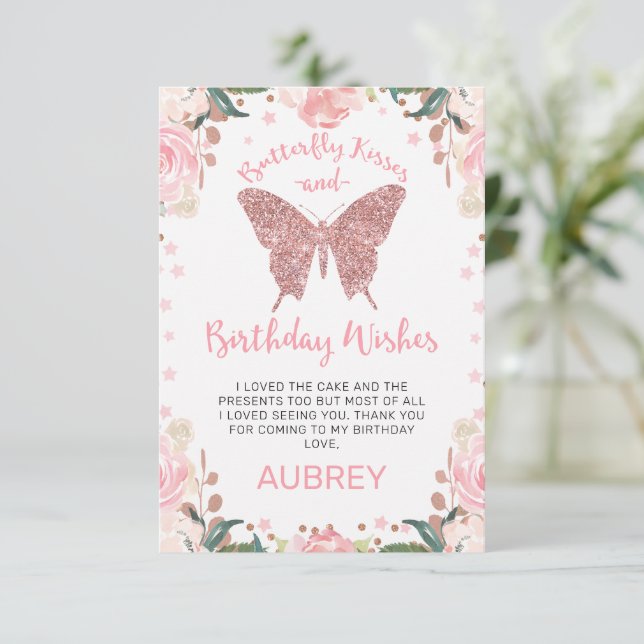 Ro Guld Glitter Butterfly Kisses Birthday Tack Kort (Stående Fram)