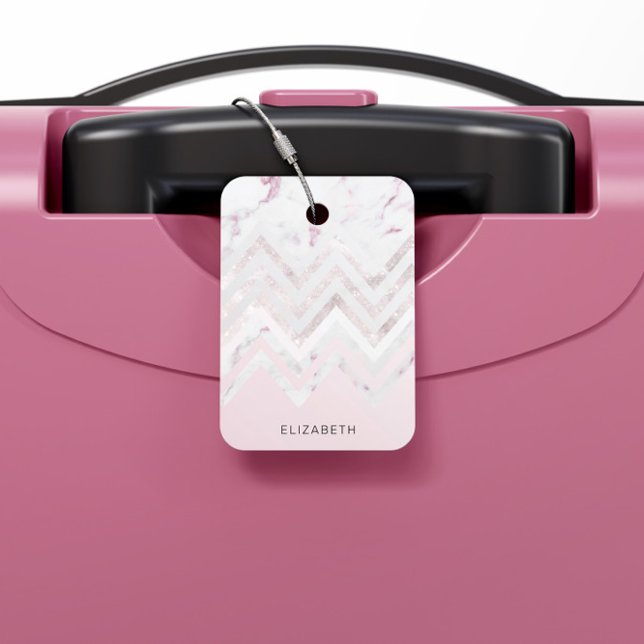 Ro Guld Glitter Chevron Rosa Marble Monogram Bagagebricka (Skapare uppladdad)