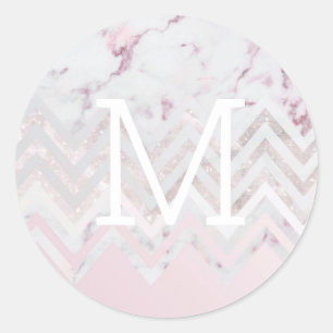 Ro guld glitter chevron rosa marble monogram runt klistermärke