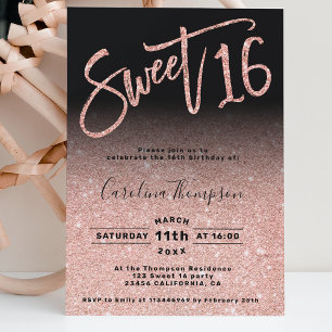 Ro guld glitter chic, svart, sötat 16 foto inbjudningar