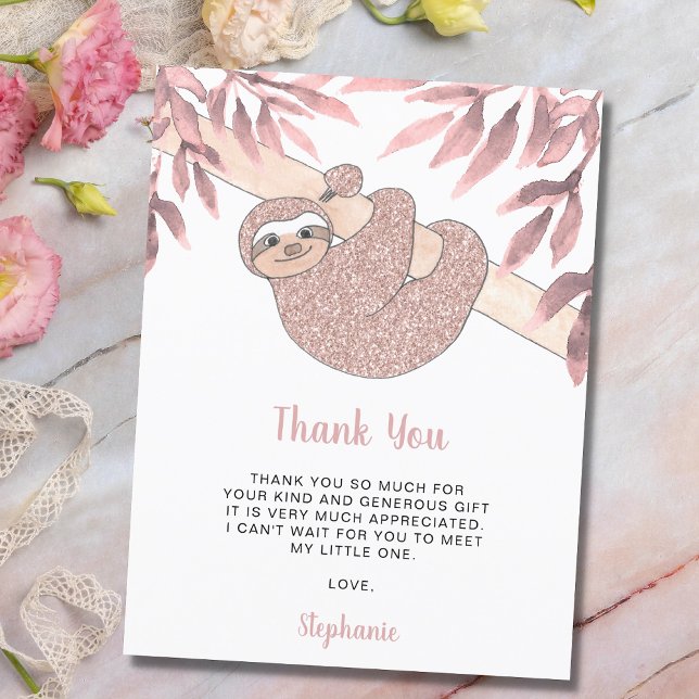 Ro Guld Glitter Cute Sloth Baby Shower Tack Vykort (Skapare uppladdad)