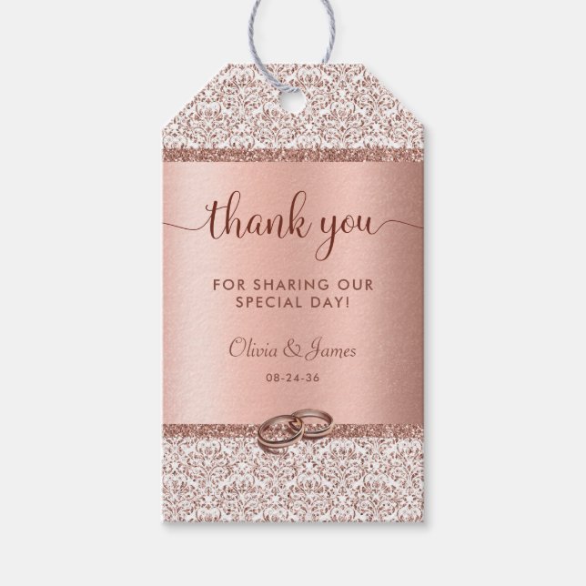 Ro Guld Glitter Damask Wedding Tack Presentetikett (Framsidan)