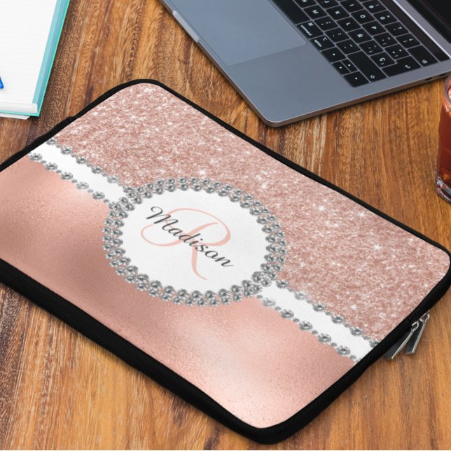 Ro Guld Glitter Diamond Glam Monogram Laptop Fodral (Skapare uppladdad)