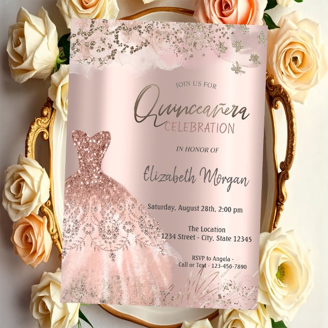Ro Guld Glitter Diamonds Chic Dress Quinceañera Inbjudningar (Skapare uppladdad)