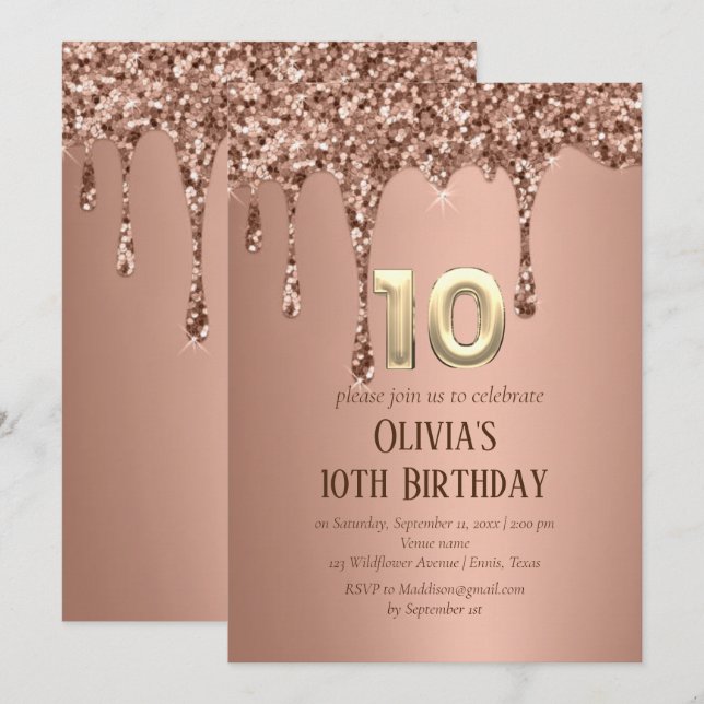 Ro Guld Glitter Drip Girl Girly 10:e födelsedagen Inbjudningar (Fram/baksida)