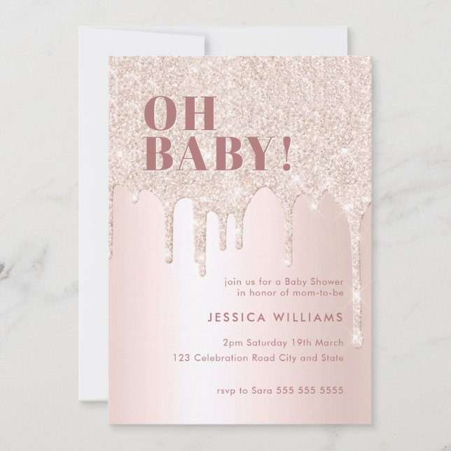 Ro Guld Glitter Drip Rosa Girl Oh Baby Shower Inbjudningar (Framsida)