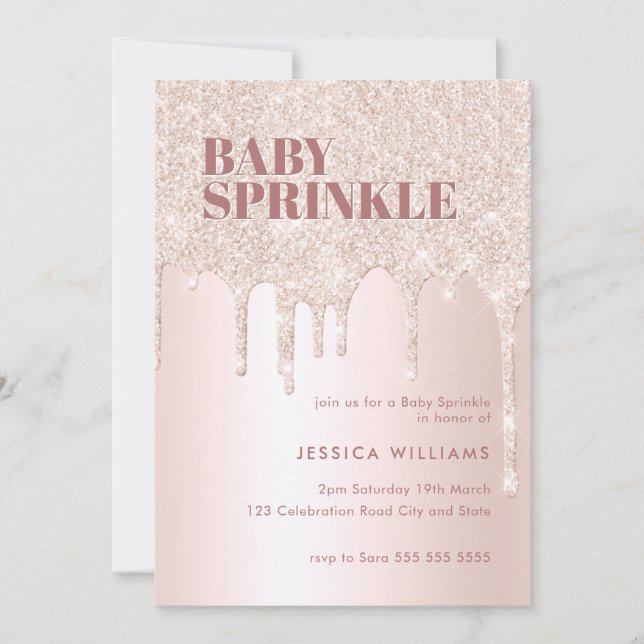 Ro Guld Glitter Drip Rosa Girl Oh Baby Sprinkle Inbjudningar (Framsida)