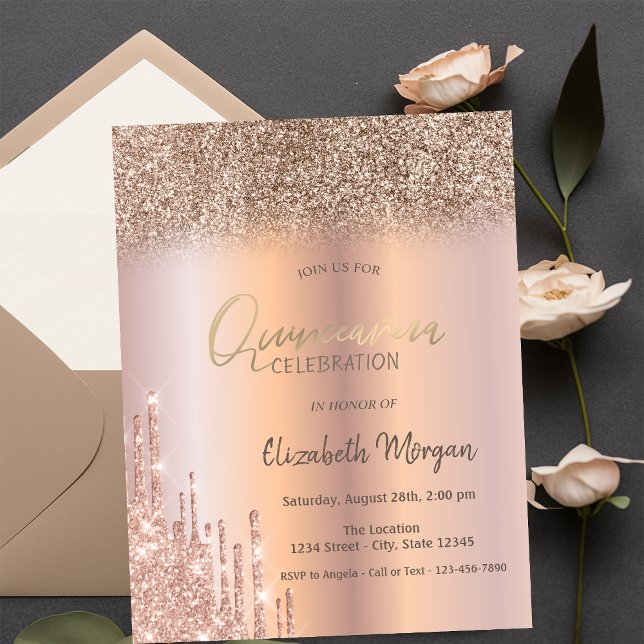 Ro Guld Glitter Drips Ombre Quinceañera Inbjudningar (Skapare uppladdad)