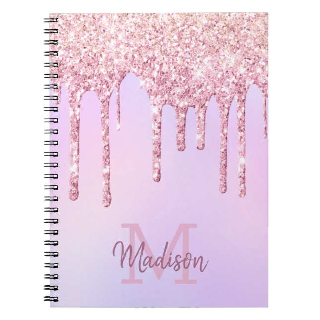 Ro Guld Glitter Drips Ombre Unicorn Monogrammed Anteckningsbok (Framsidan)