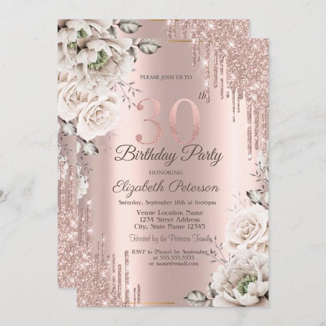Ro Guld,Glitter Drips,Vita blommor 30:e Inbjudningar (Fram/baksida)
