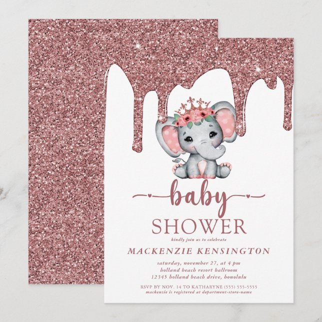 Ro Guld Glitter driver elefant Baby Shower för bar Inbjudningar (Fram/baksida)