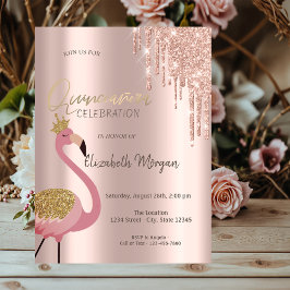 Ro Guld Glitter Drives Rosa Flamingo Quinceañera Inbjudningar