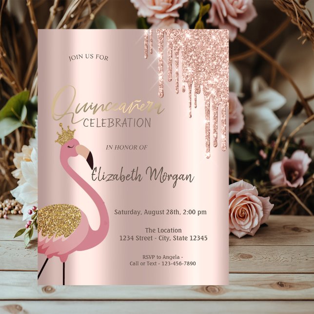 Ro Guld Glitter Drives Rosa Flamingo Quinceañera Inbjudningar (Skapare uppladdad)