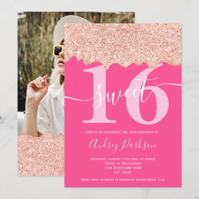 Ro guld glitter droppar foto neon rosa Sweet 16 Inbjudningar (Fram/baksida)