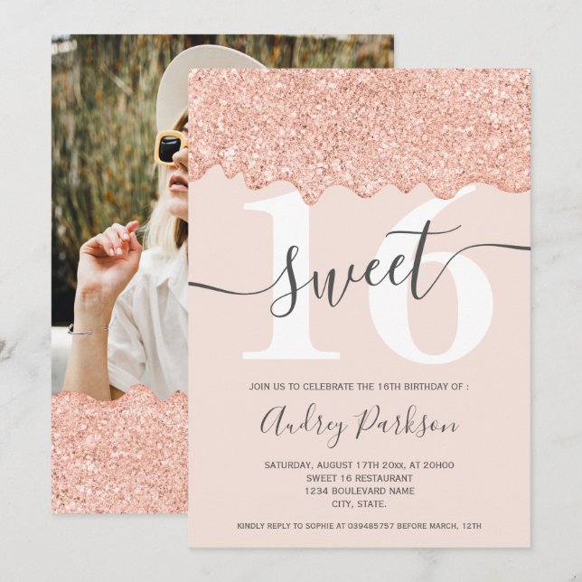 Ro guld glitter droppar fotopastel rosa Sweet 16 Inbjudningar (Fram/baksida)