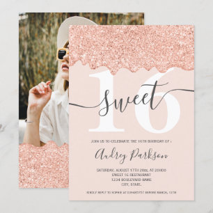 Ro guld glitter droppar fotopastel rosa Sweet 16 Inbjudningar