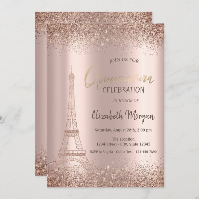 Ro Guld Glitter Eiffel Confetti Quinceañera Inbjudningar (Fram/baksida)