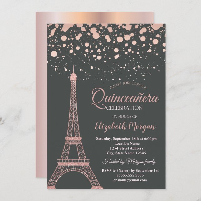 Ro Guld Glitter Eiffel Torn,Dots Quinceañera Inbjudningar (Fram/baksida)