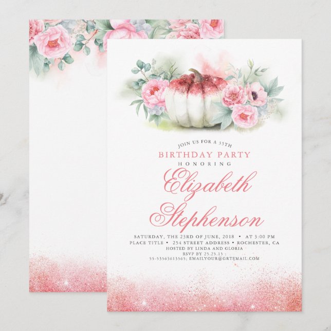 Ro Guld Glitter Elegant  Pumpkin Fall Birthday Inbjudningar (Fram/baksida)