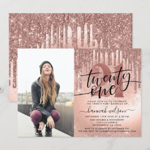 Ro Guld Glitter & Foil 21:a foto Birthday Inbjudningar