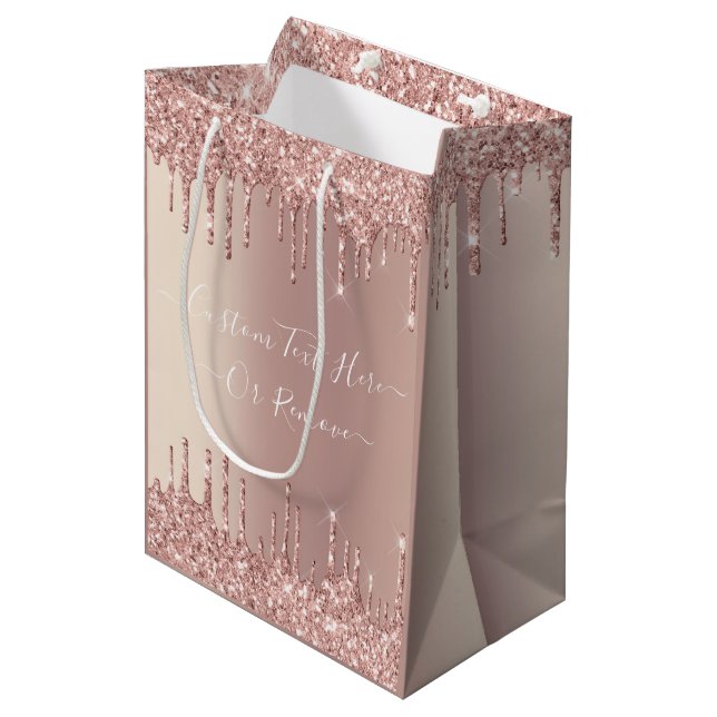 Ro Guld Glitter Gift Bag med Anpassningsbar Text (Framsidan Vinklad)
