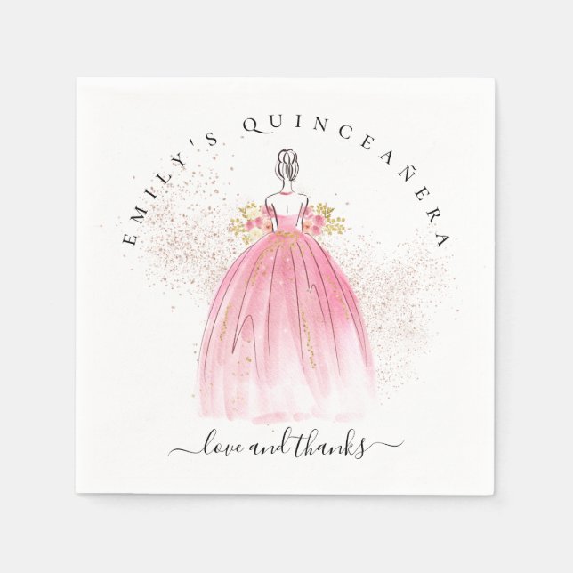 Ro Guld Glitter Girl Gown Quinceañera Pappersservett (Framsidan)
