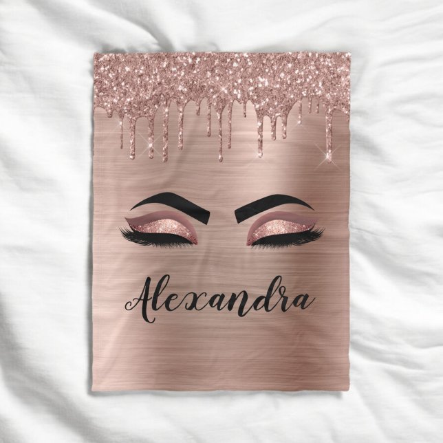 Ro Guld Glitter Gnistra Eyelash Monogram Namn Fleecefilt (Skapare uppladdad)