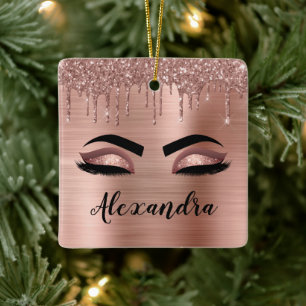 Ro Guld Glitter Gnistra Eyelash Monogram Namn Julgransprydnad Keramik