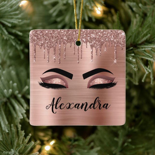 Ro Guld Glitter Gnistra Eyelash Monogram Namn Julgransprydnad Keramik (Träd)