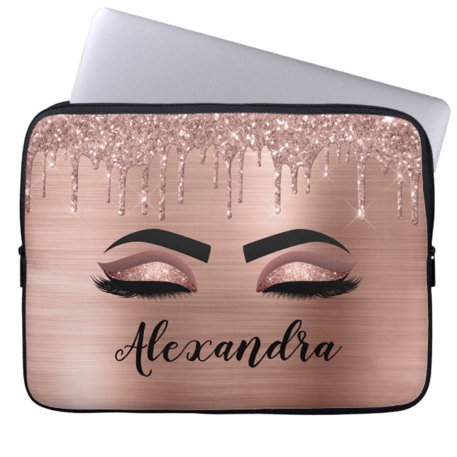 Ro Guld Glitter Gnistra Eyelash Monogram Namn Laptop Fodral (Framsidan)