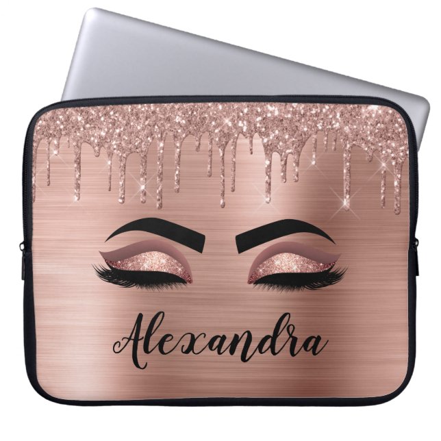 Ro Guld Glitter Gnistra Eyelash Monogram Namn Laptop Fodral (Framsidan)