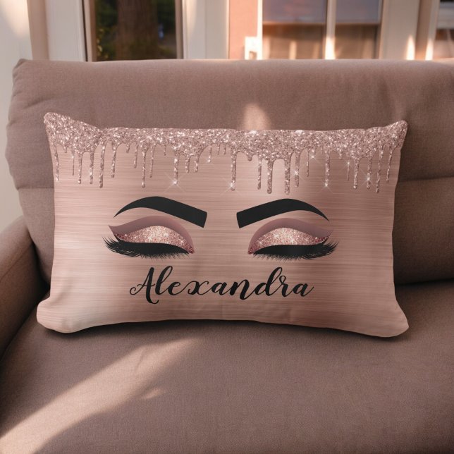 Ro Guld Glitter Gnistra Eyelash Monogram Namn Lumbarkudde (Skapare uppladdad)