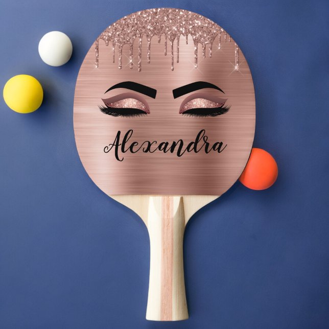 Ro Guld Glitter Gnistra Eyelash Monogram Namn Pingisracket (Skapare uppladdad)