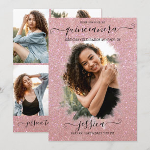 Ro Guld Glitter Halo Photo Collage Quinceañera Inbjudningar