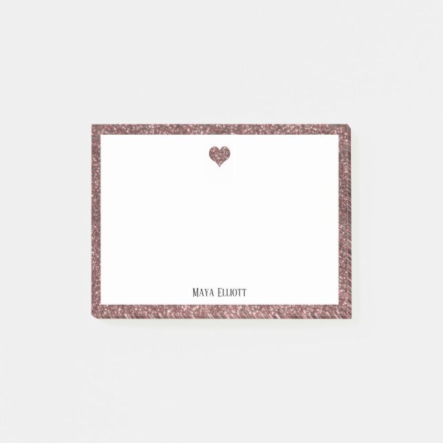 Ro Guld Glitter Heart & Gräns med vit Post-it Block (Framsida)