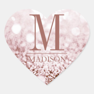 Ro Guld Glitter Heart Namn, första Monogram Hjärtformat Klistermärke