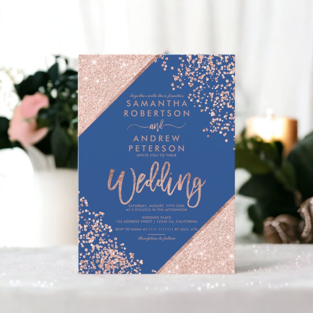 Ro guld glitter konetti chic blue bröllop inbjudningar (Rose gold glitter confetti chic blue wedding invitation)