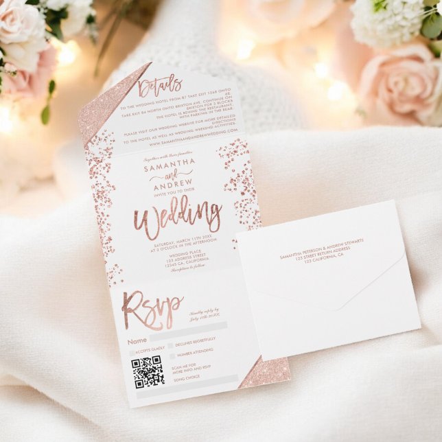 Ro guld glitter konetti, vit chic bröllop (Rose gold glitter confetti white chic wedding all in one invitation)