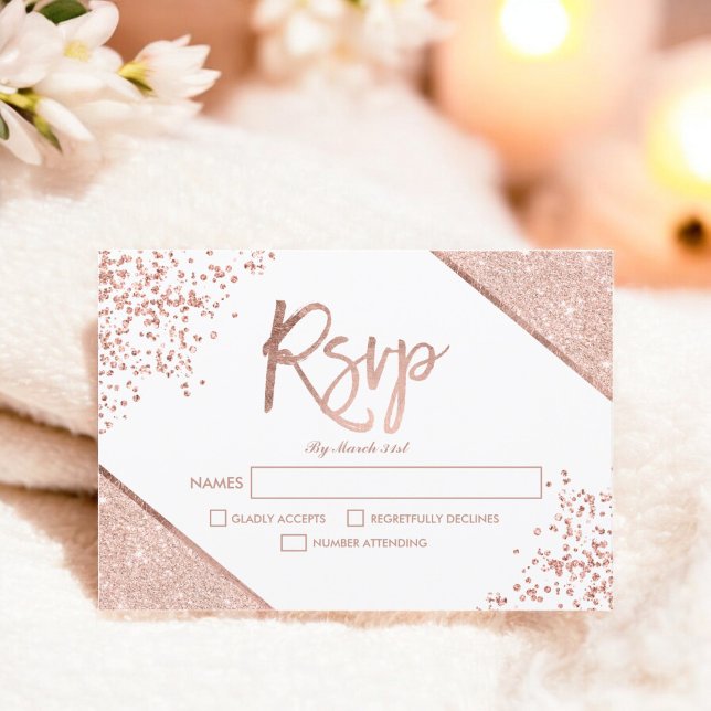 Ro guld glitter konetti vit osa bröllop kort (Rose gold glitter confetti white rsvp wedding)