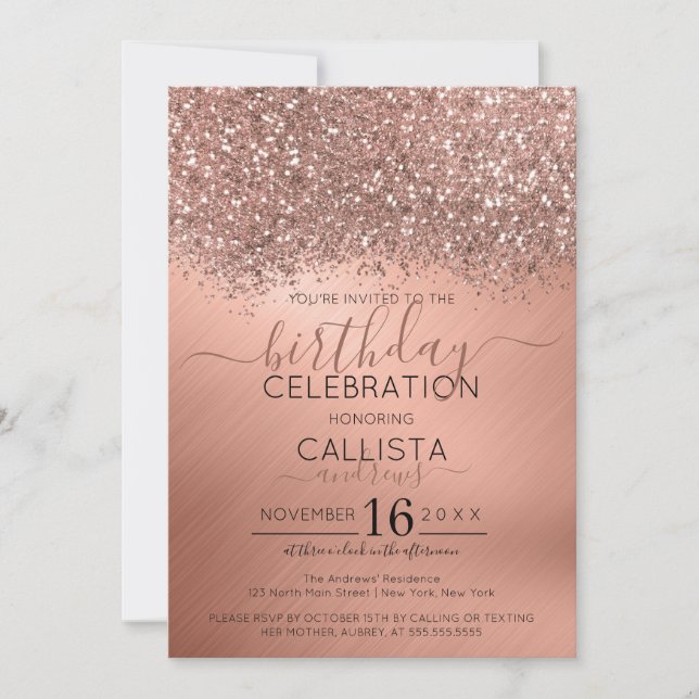 Ro Guld Glitter Konfetti Metallisk födelsedag Inbjudningar (Framsida)